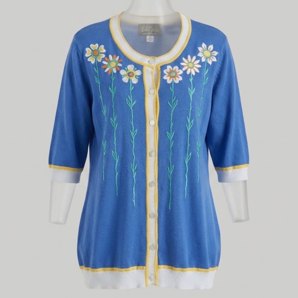 Bob Mackie Wearable Art Blue Daisy Floral Embroidered Cardigan Sweater Size M